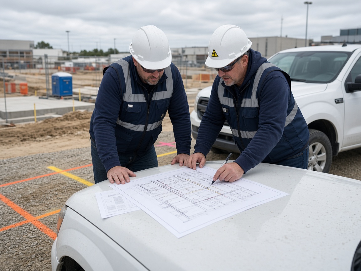 Locator and project manager reviewing a locate ticket on a jobsite