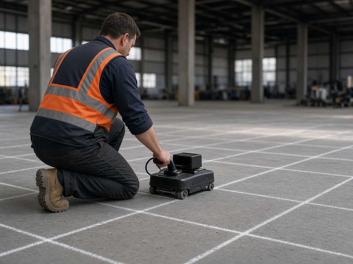 Technician scanning a warehouse concrete slab with a GPR concrete scanner along a chalk grid