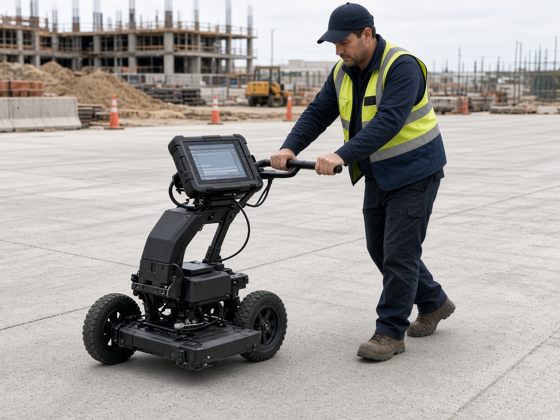 Technician pushing a ground penetrating radar cart across a commercial parking lot