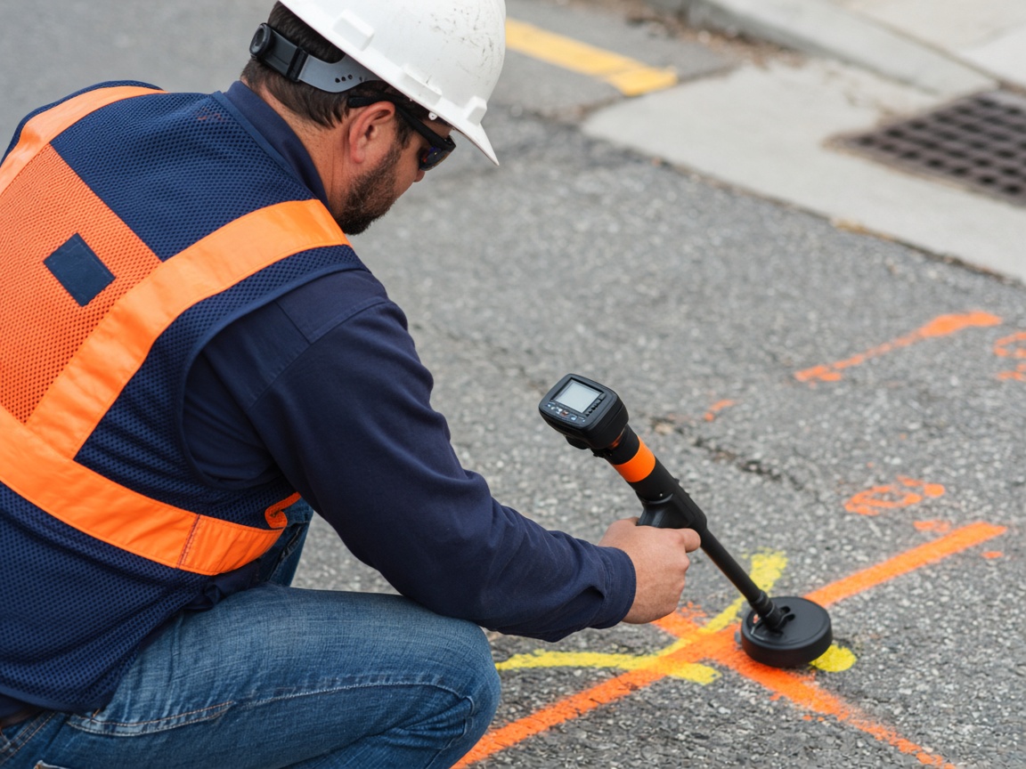 Technician using an electromagnetic locator wand over APWA paint marks on a city street