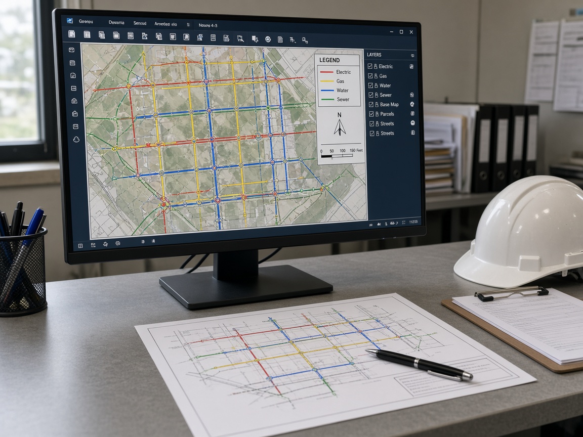 Color-coded underground utility map on a CAD workstation with printed as-built sheets